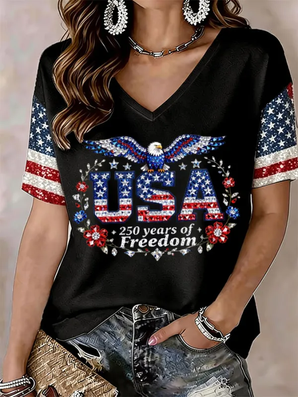 Women'S America Flag Print Casual V-Neck T-Shirt