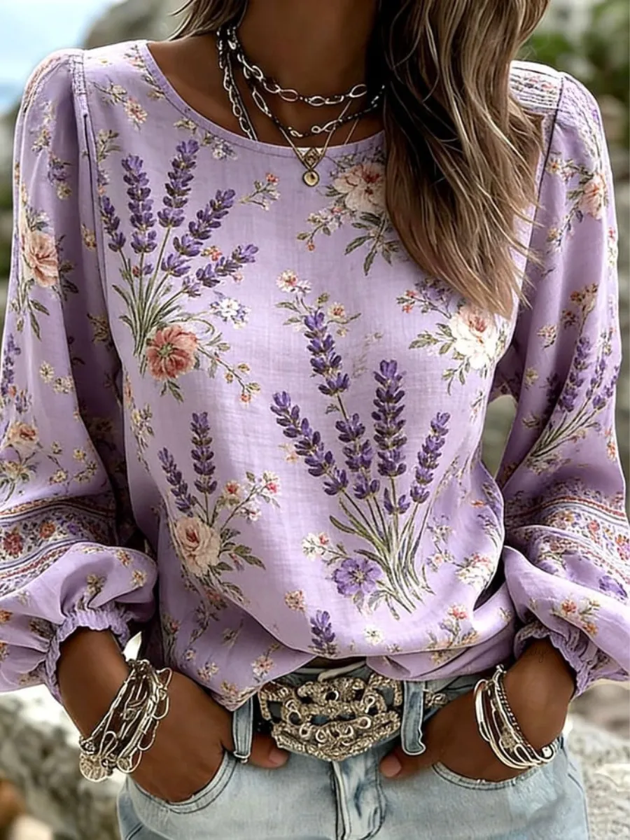 Women's printed purple artistic round neck shirt