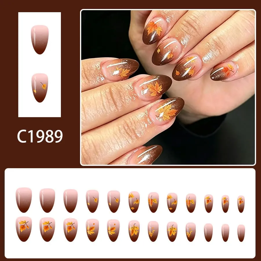 Nailhour 24Pcs Autumn Brown Short Almond Press On Nails