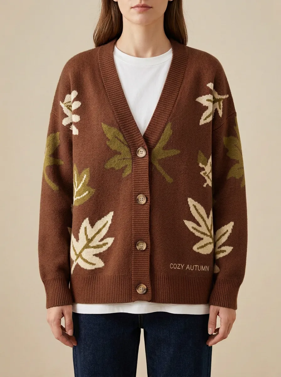 Woodland Maple Leaf Pattern Embroidered Women's Knit Cardigan