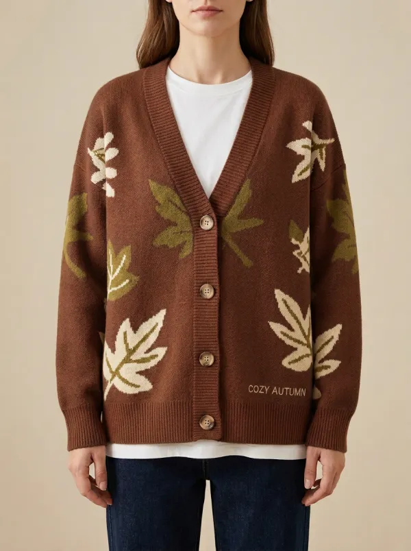 Woodland Maple Leaf Pattern Embroidered Women's Knit Cardigan