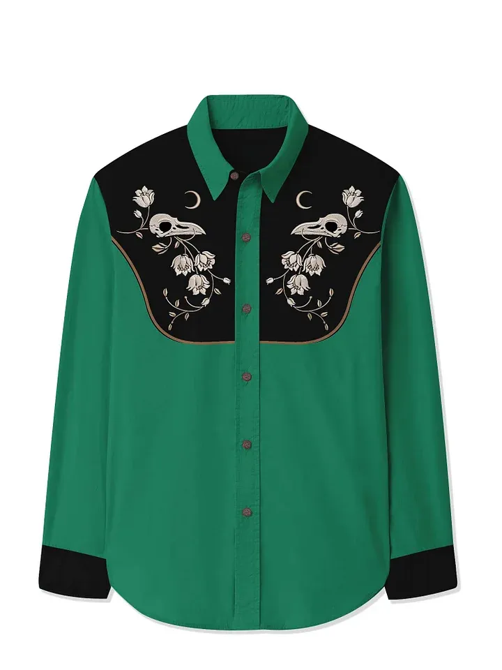 Flower And Raven Skull - 100% Cotton Long Sleeves Shirt