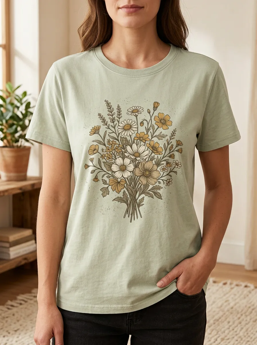 Women's Botanical Flower Bouquet Printed T-shirt