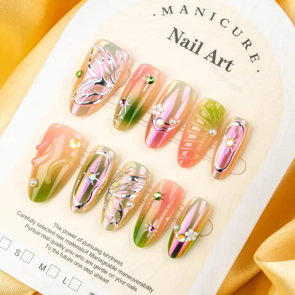 Nailhour 30Pcs 3D Chrome Floral Resin Medium Almond Press On Nails