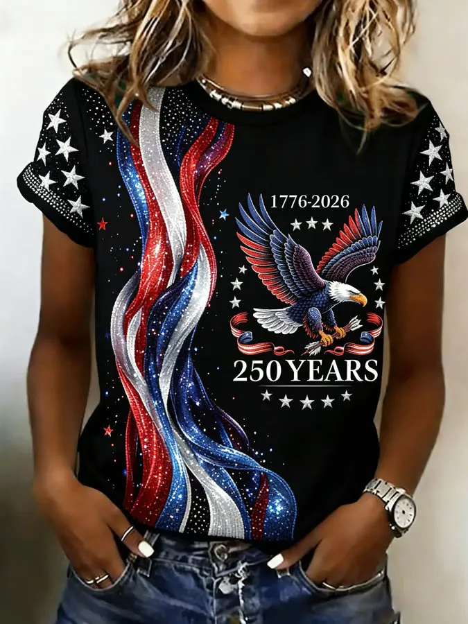 Women'S American Independence Day 250Th Anniversary Printed Round Neck Short Sleeve T-Shirt