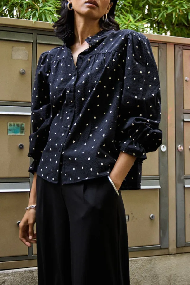 Dot Patterned Puff Sleeve Shirts