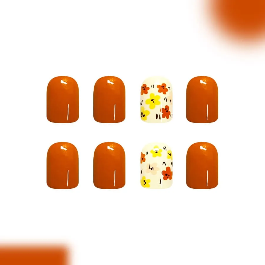 Nailhour 24Pcs Autumn French Colorful Floral Orange Short Square Press On Nails
