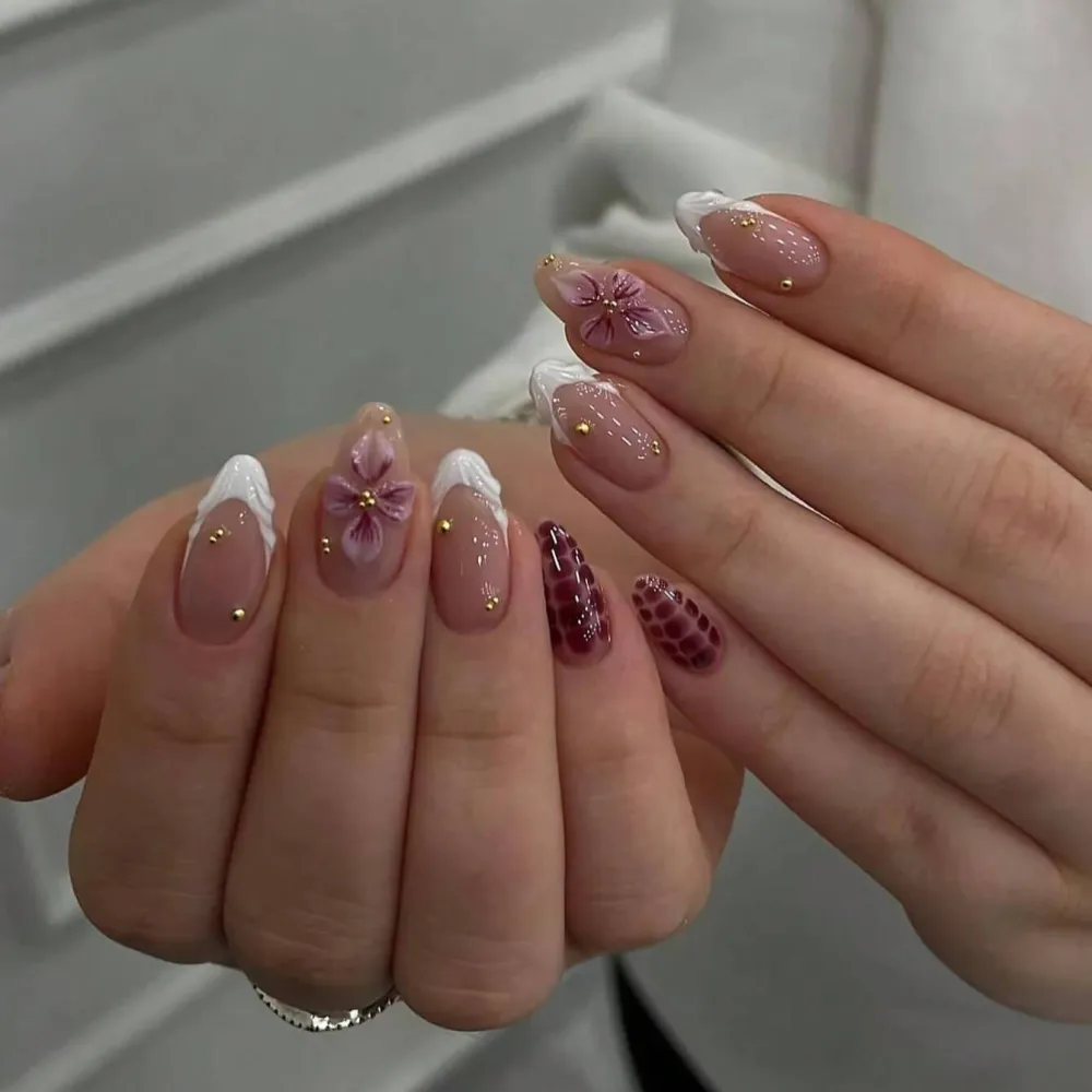 Nailhour 30Pcs French Medium Almond 3D Floral Rhinestone Press On Nails