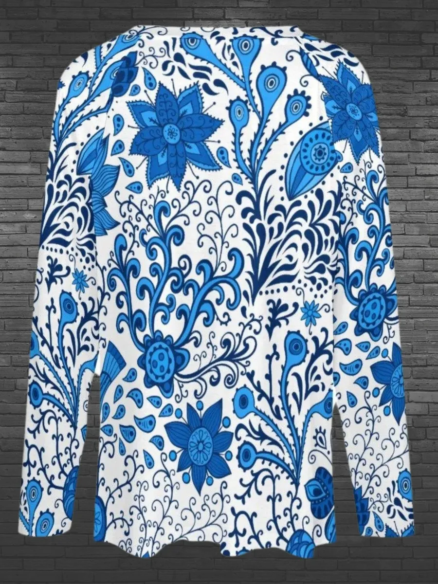 Artistic Blue Floral T-Shirt