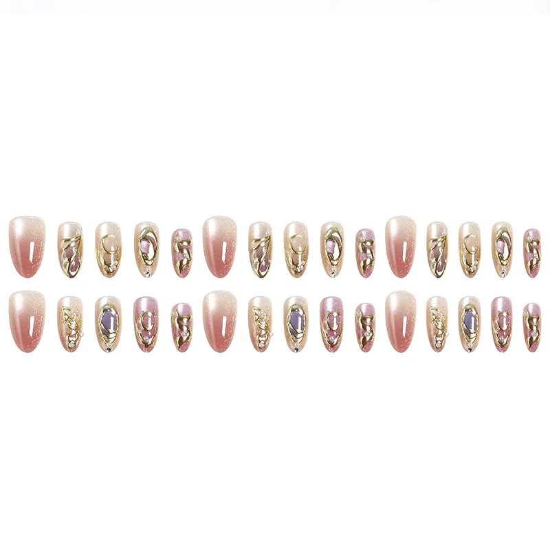 Nailhour Gold Chrome Cat Eye 30Pcs Almond Press On Nails