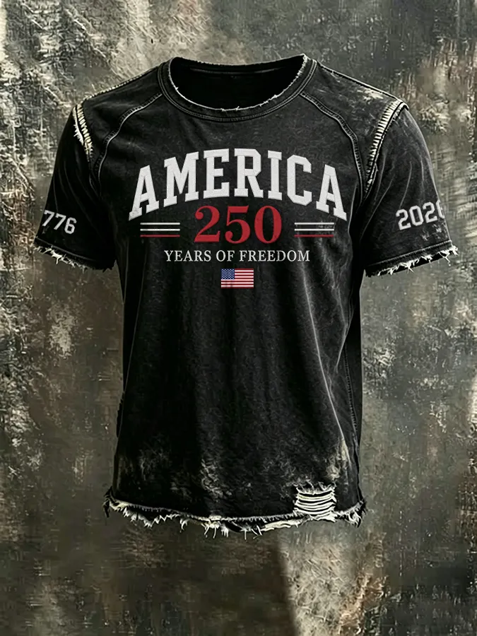 Men'S 250th Anniversary  Casual Washed Cotton And Linen Raglan Short Sleeved T-Shirt