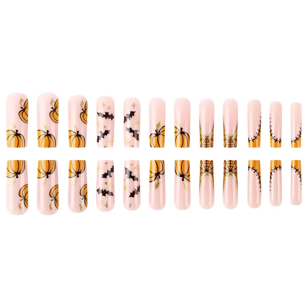 Nailhour 24Pcs Orange Glossy Funny Spider Halloween Long Coffin Press On Nails