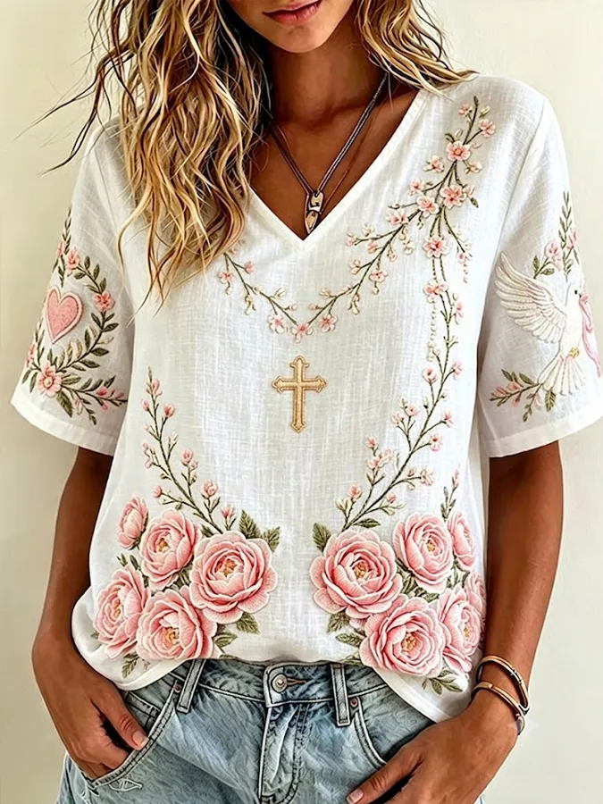 Women's Retro Floral Embroidered Art Pattern V Neck T-shirt