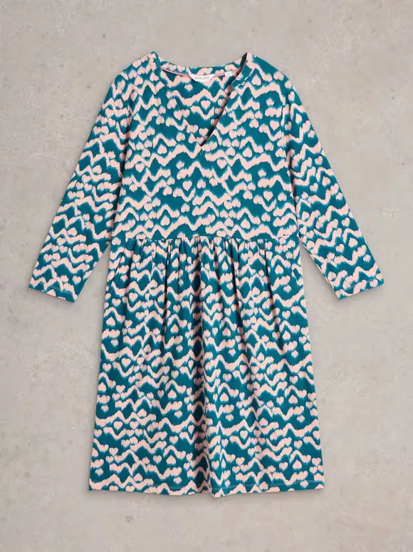 Jersey Knee Length Dress In Teal Print