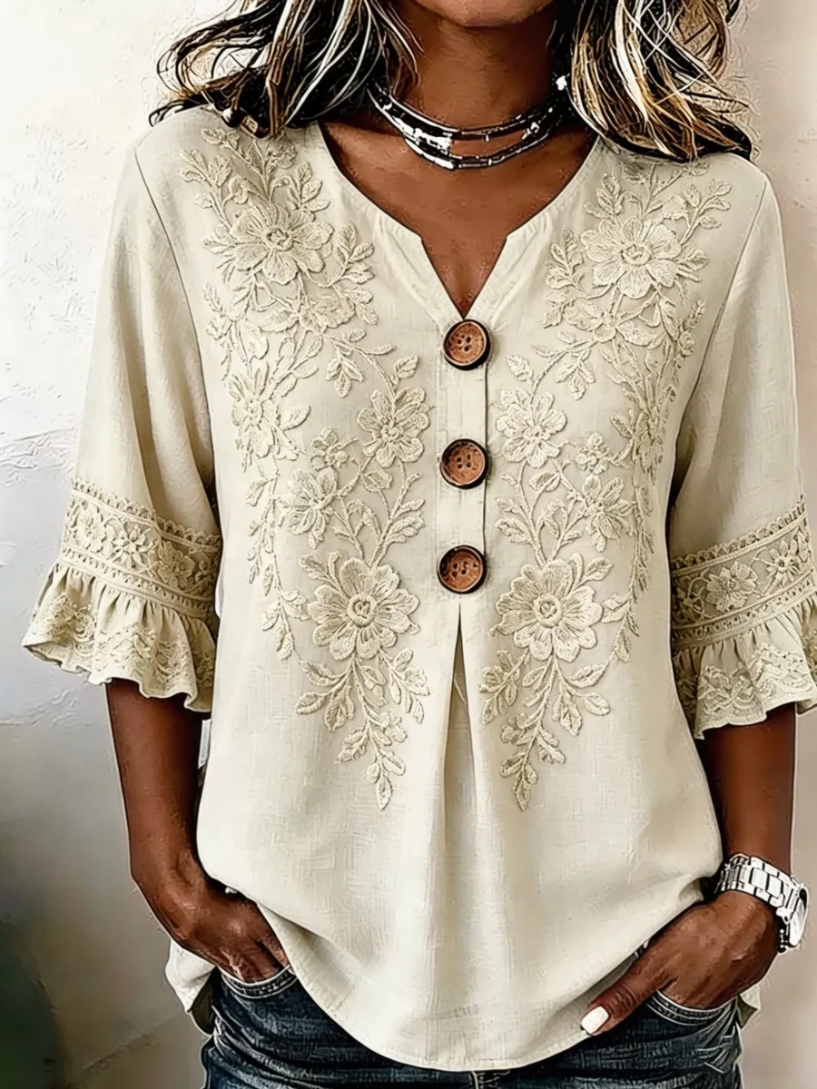 Vintage Floral Embroidery Design Women's Linen Shirt