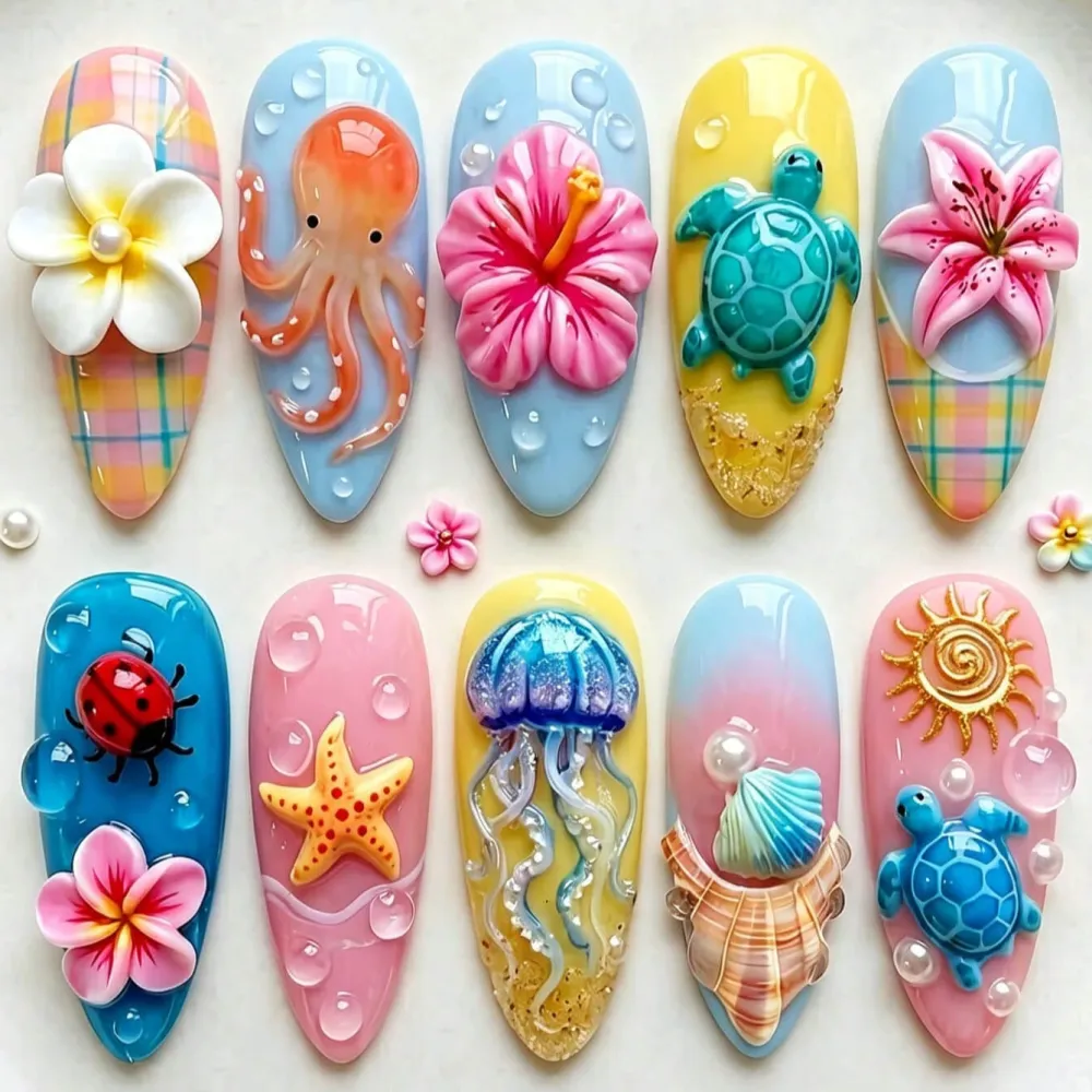 Nailhour 30Pcs Medium Almond Summer Hawaiian 3D Ocean Creatures Press On Nails