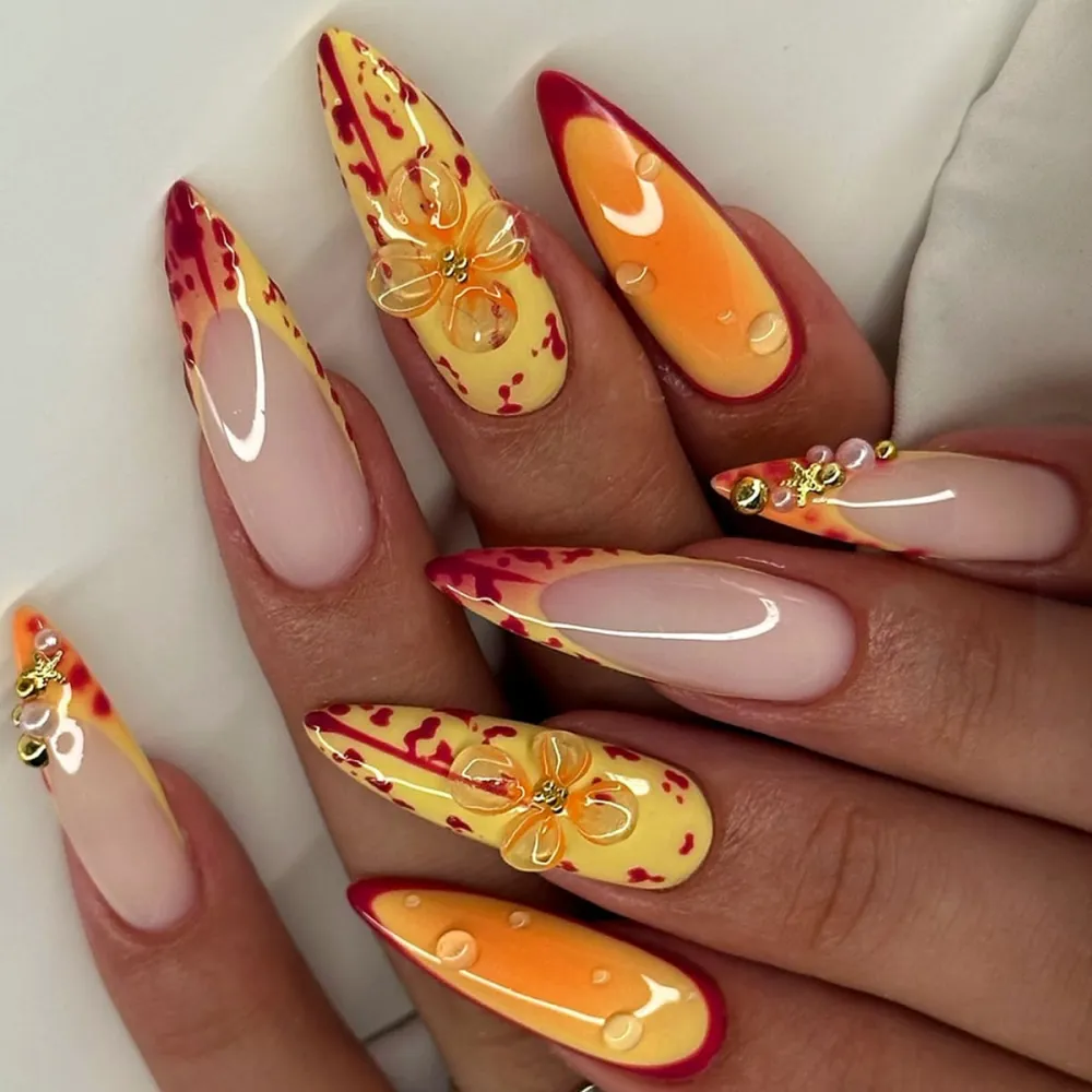 Nailhour 24Pcs Autumn 3D French Floral Medium Stiletto Press On Nails