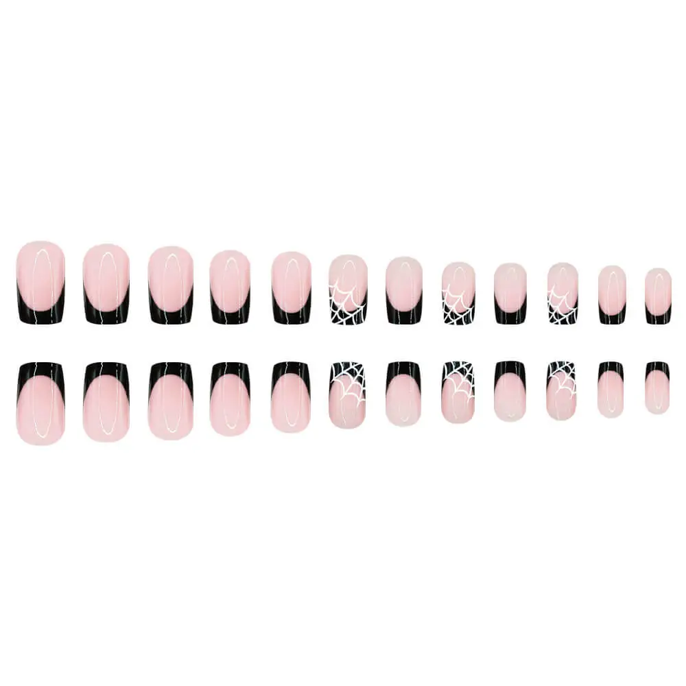 Nailhour 24Pcs Halloween French Short Square Black Spiderweb Press On Nails