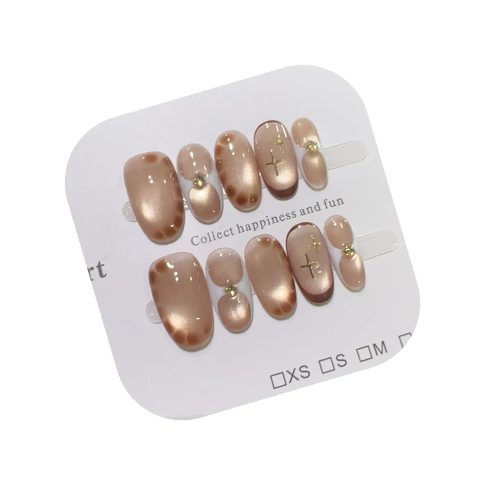 Nailhour 10Pcs French Cat Eye Gradient Gilded Medium Oval Press On Nails