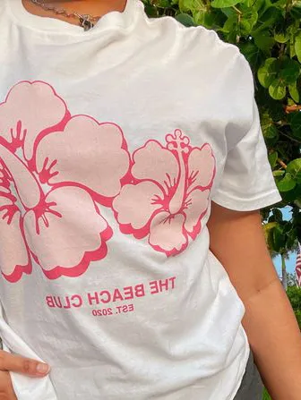 Women's Pink Large Flower Print T-Shirt