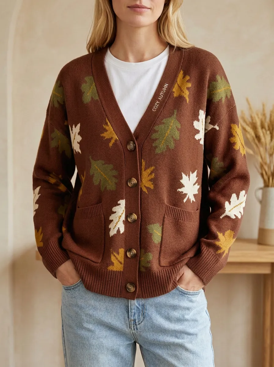 Relaxed Maple Leaf Pattern Embroidered Women's Knit Cardigan