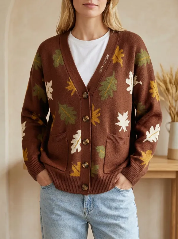Relaxed Maple Leaf Pattern Embroidered Women's Knit Cardigan