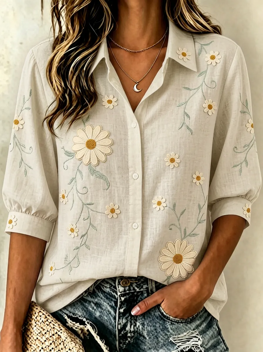 Women's Breast Cancer Awareness Daisy Floral Embroidered Printed Shirt