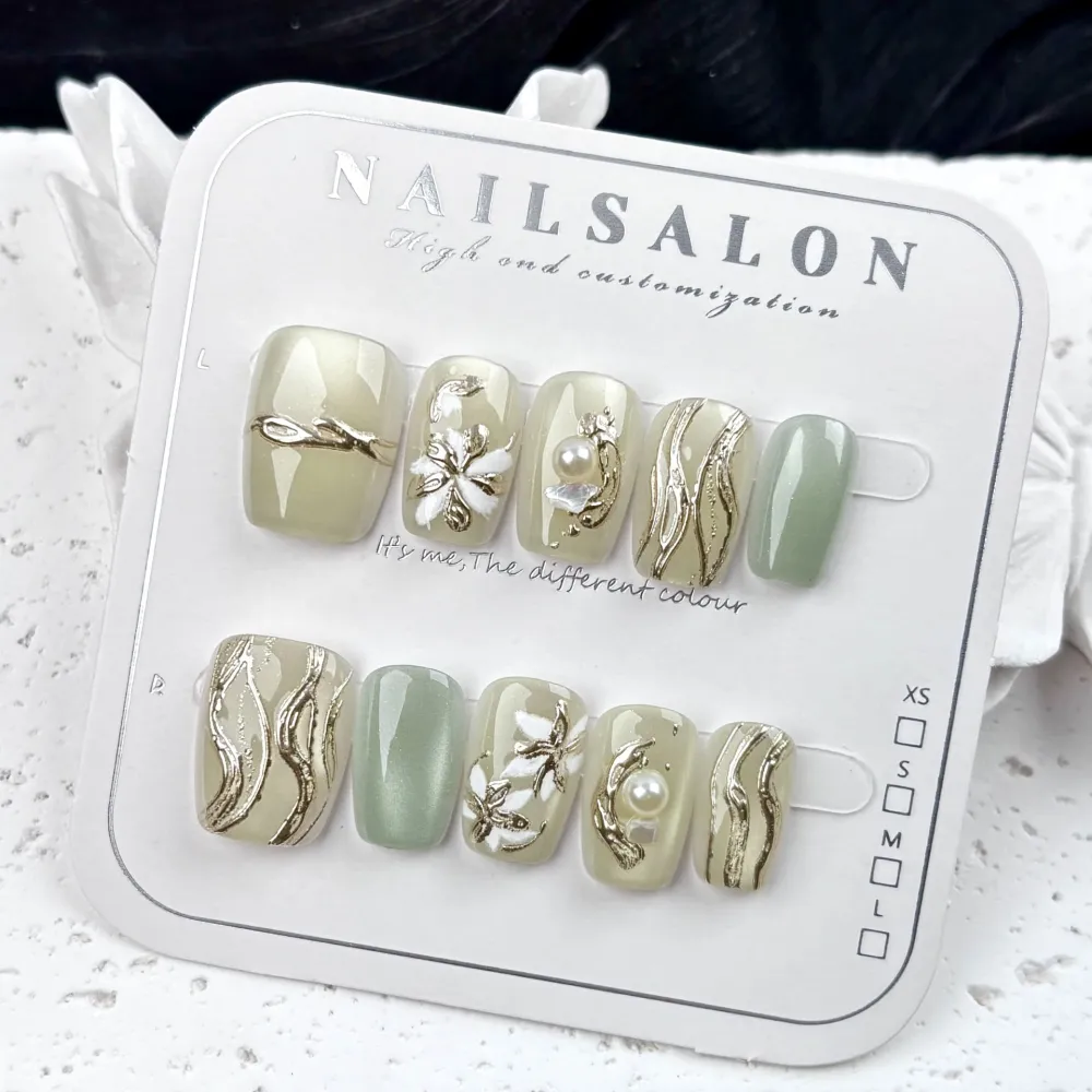 Nailhour 30Pcs Green Gilded 3D Medium Square French Press On Nails