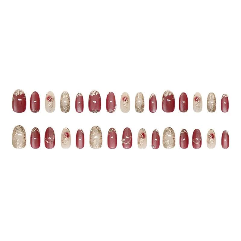 Nailhour 30Pcs Gilded Red 3D Cat Eye Medium Almond Press On Nails