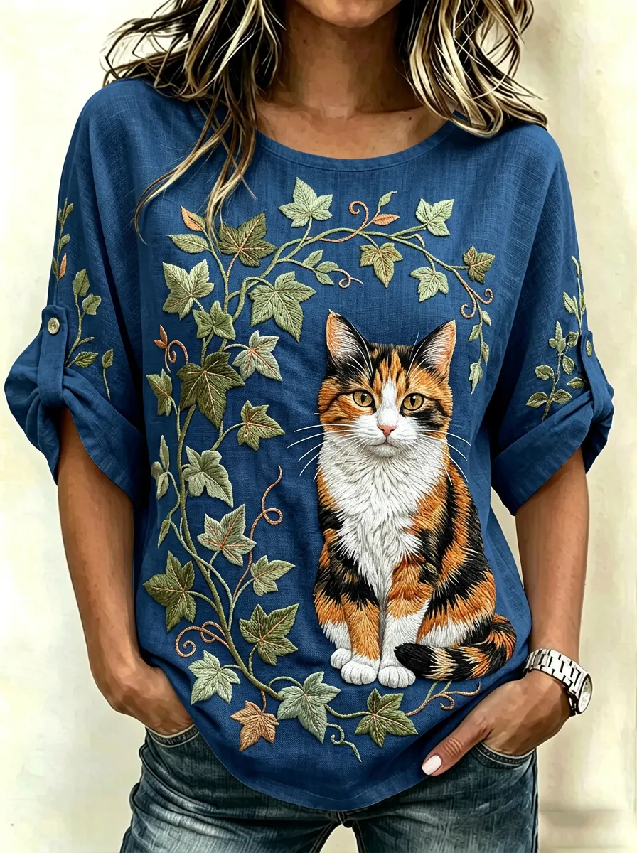 Women's Cat Lover Calico Cat Ivy Leaves Printed Cotton Linen Top