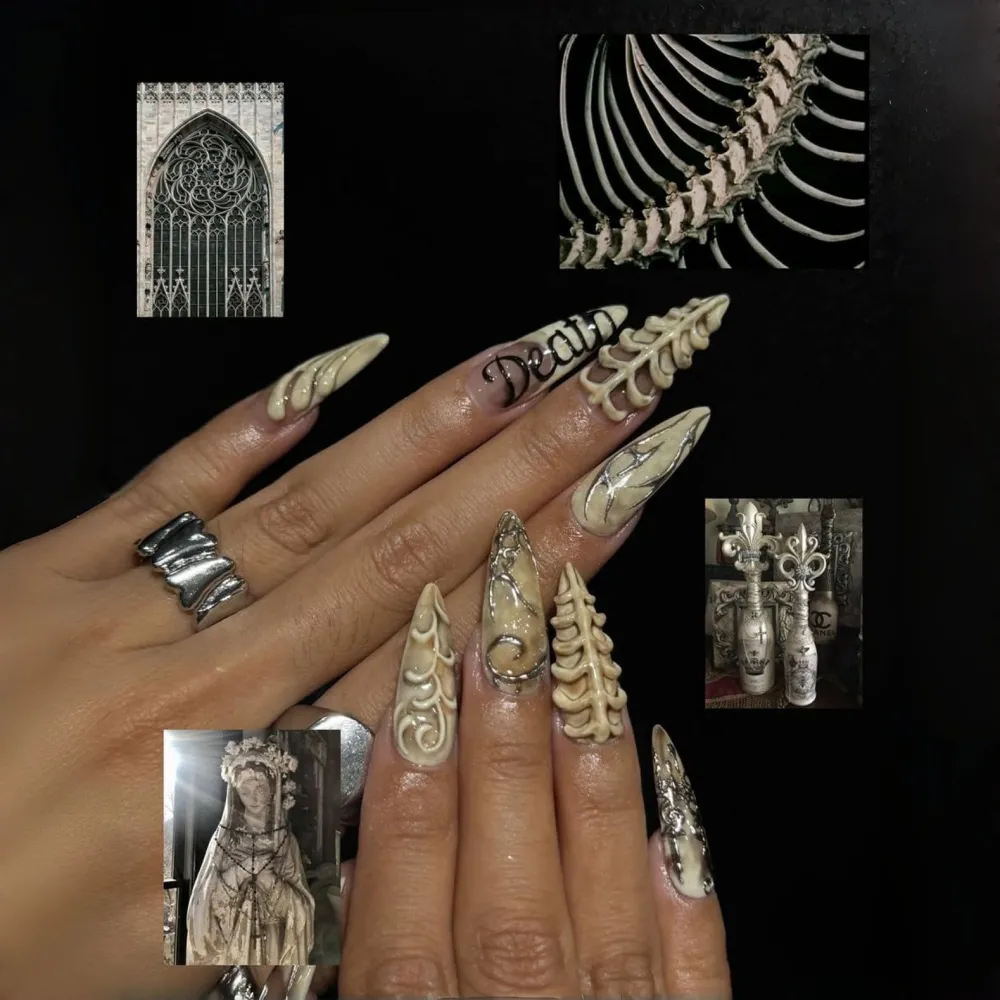 Nailhour 24Pcs Halloween Gothic Long Almond  Press On Nails