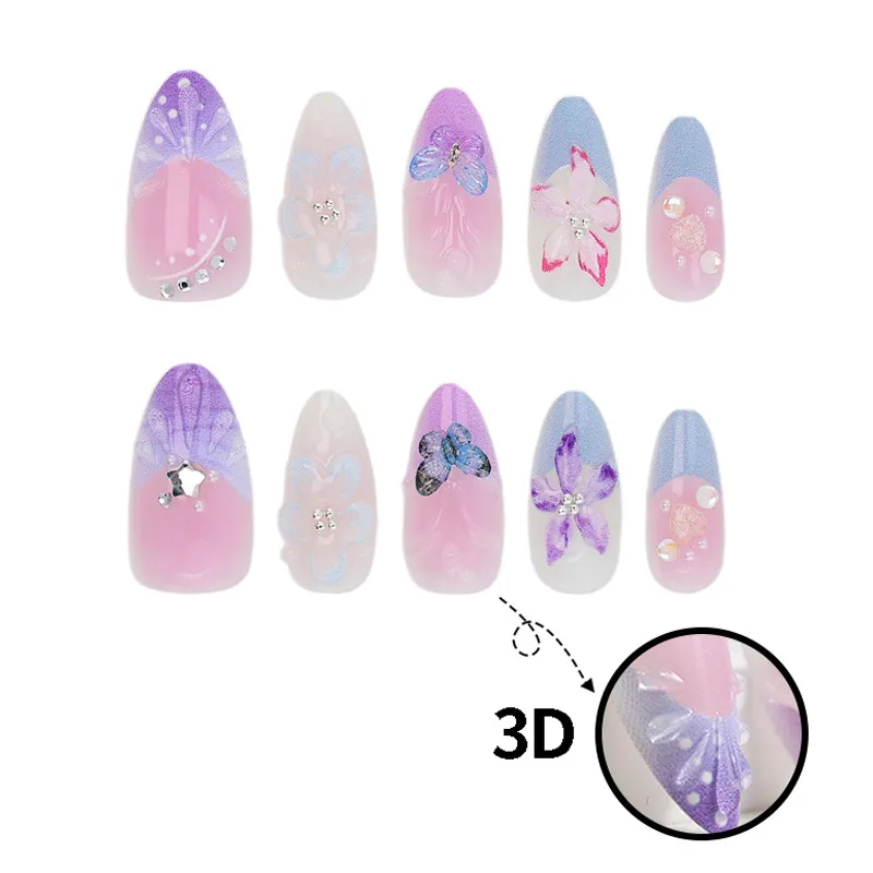 Nailhour 30Pcs Date Blue Purple 3D Almond Press On Nails