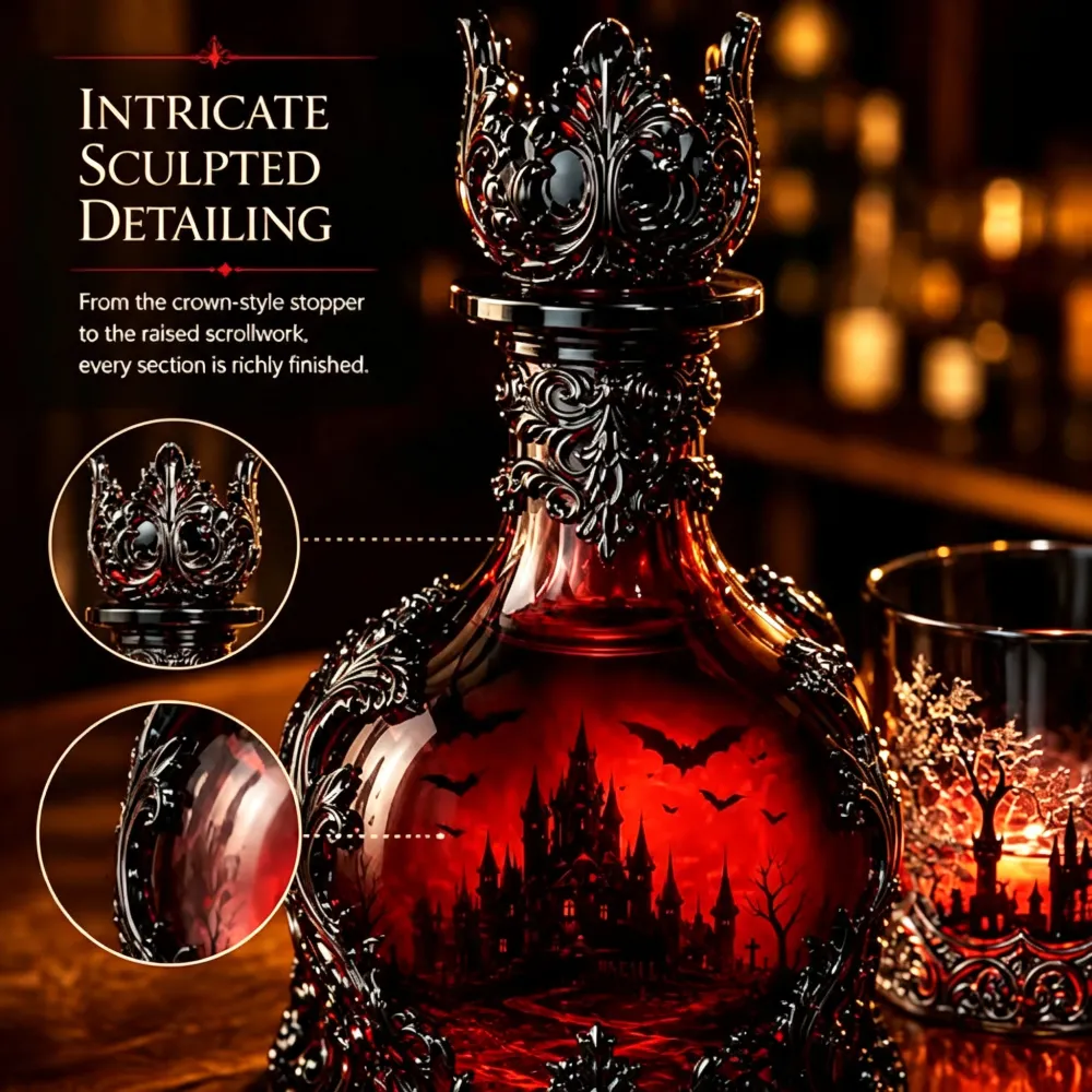 Halloween Dark Red Batwing Castle Decanter