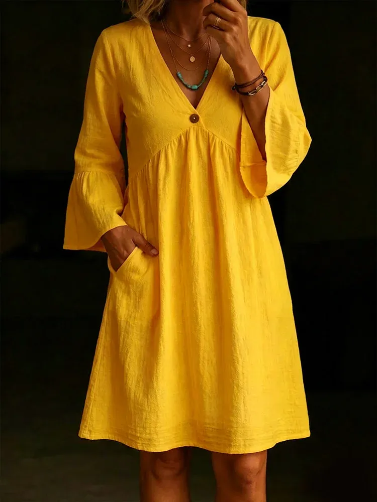 Ladies' Casual Daily Cotton And Linen V-Neck Patchwork Long Sleeved Jumpsuit Half Skirt