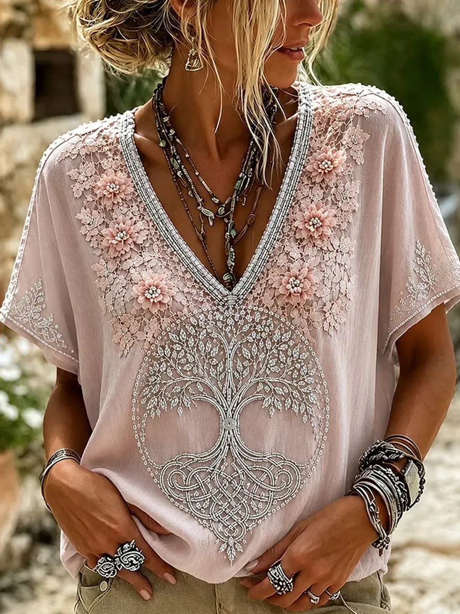Women'S Retro Celtic Knot Flower Viking Art Flower Linen Blended Casual Top