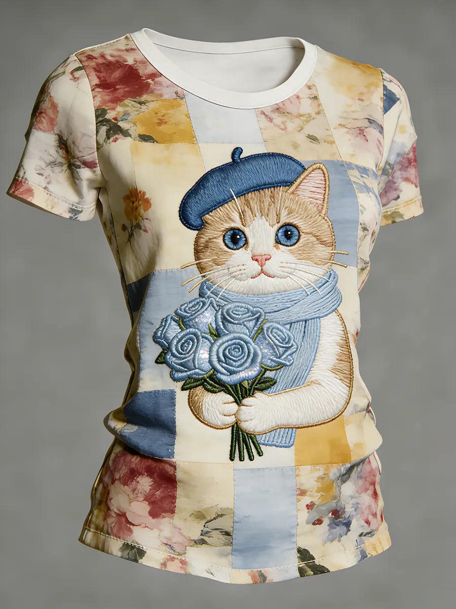 Tabby Cat Beret & Blue Rose Bouquet Embroidered Patchwork T-Shirt