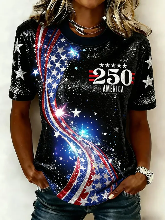 Ladies' Casual American 1776-2026 Anniversary Celebration Print Round Neck T-Shirt