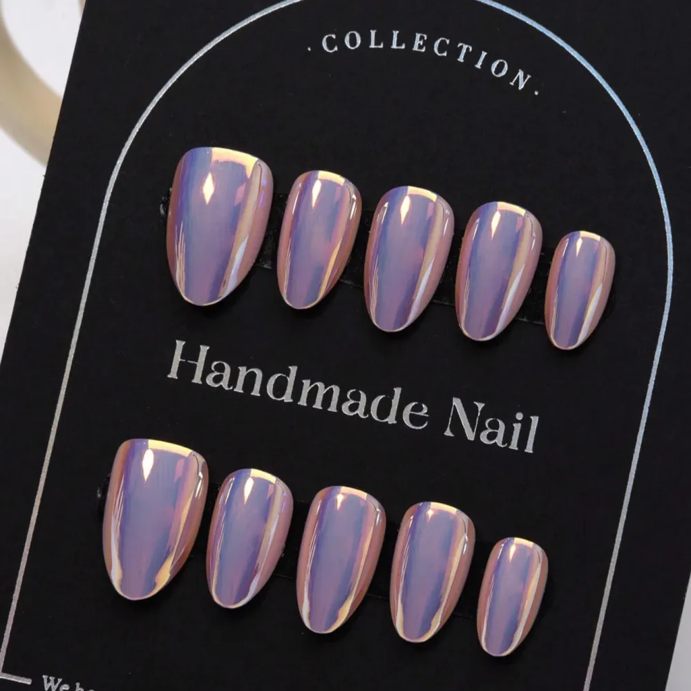 Nailhour 24Pcs Long Almond Purple Aurora Press On Nails