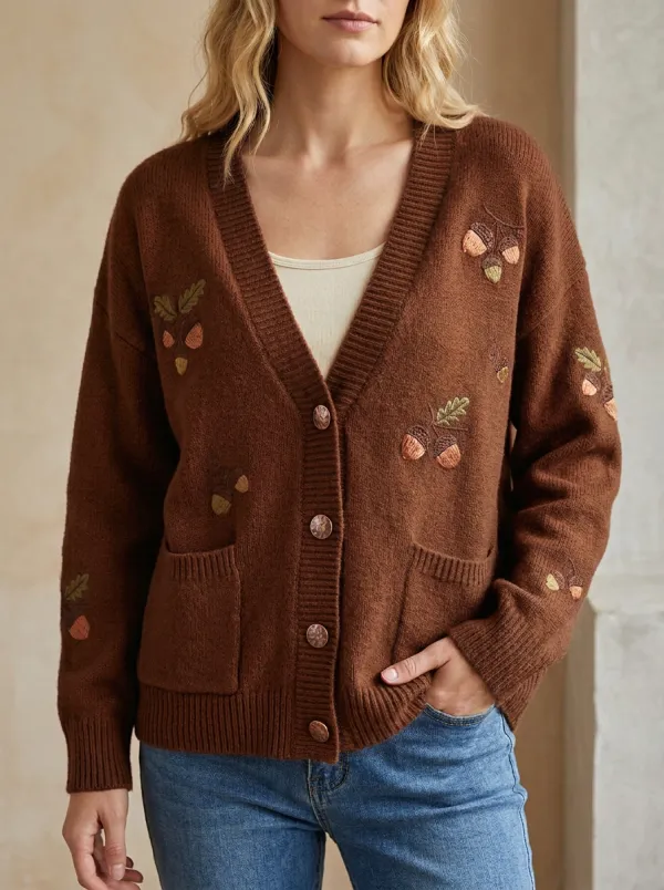 Botanical Acorn  Rust Embroidered Women's Knit Cardigan