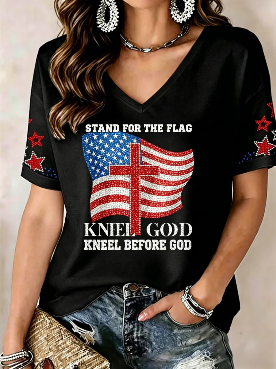 Women's America's 250th Anniversary Stand For The Flag Kneel For The Cross Faith Christian Cross Print T-Shirt