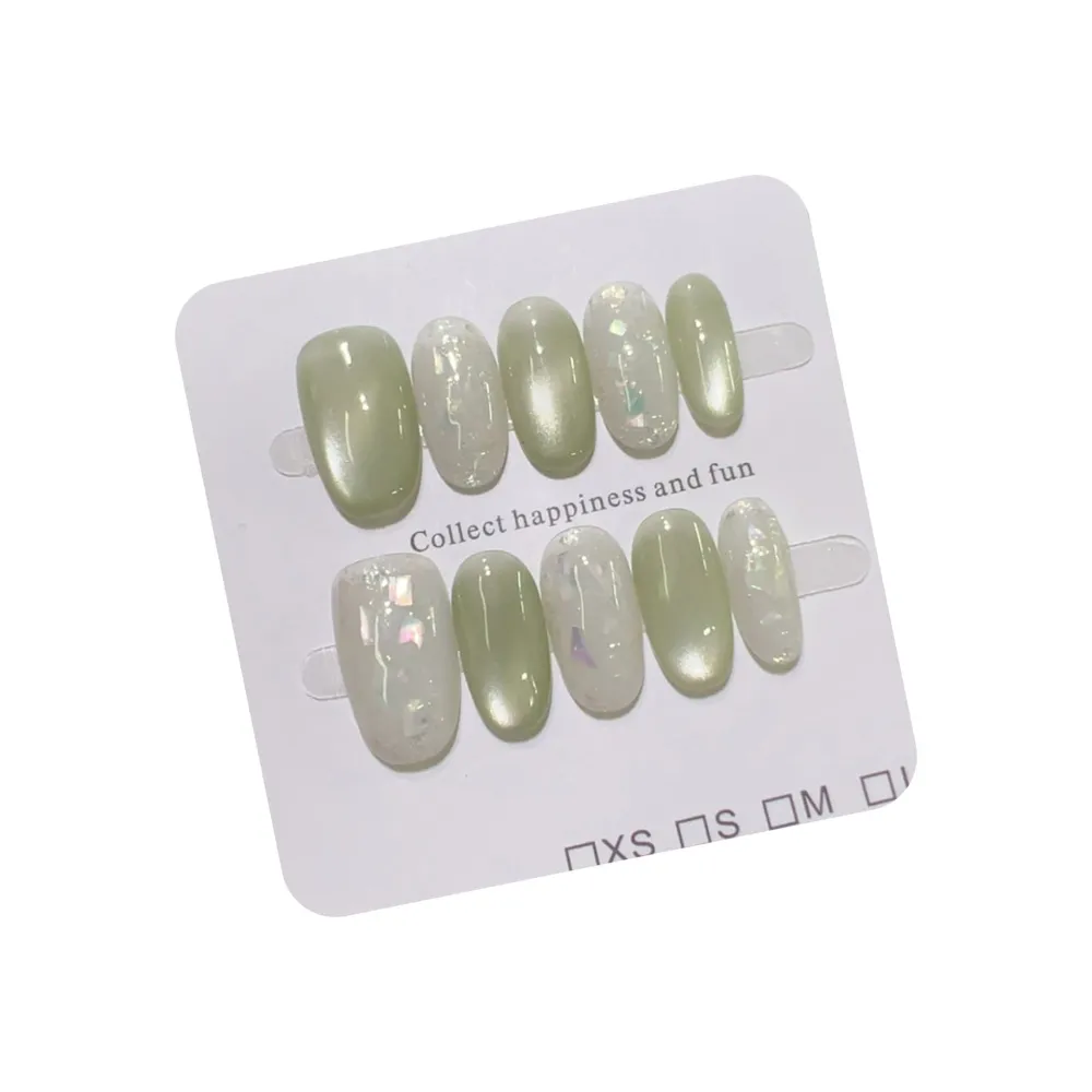 Nailhour 10Pcs Date Minimalist French Glitter Green Short Almond Press On Nails