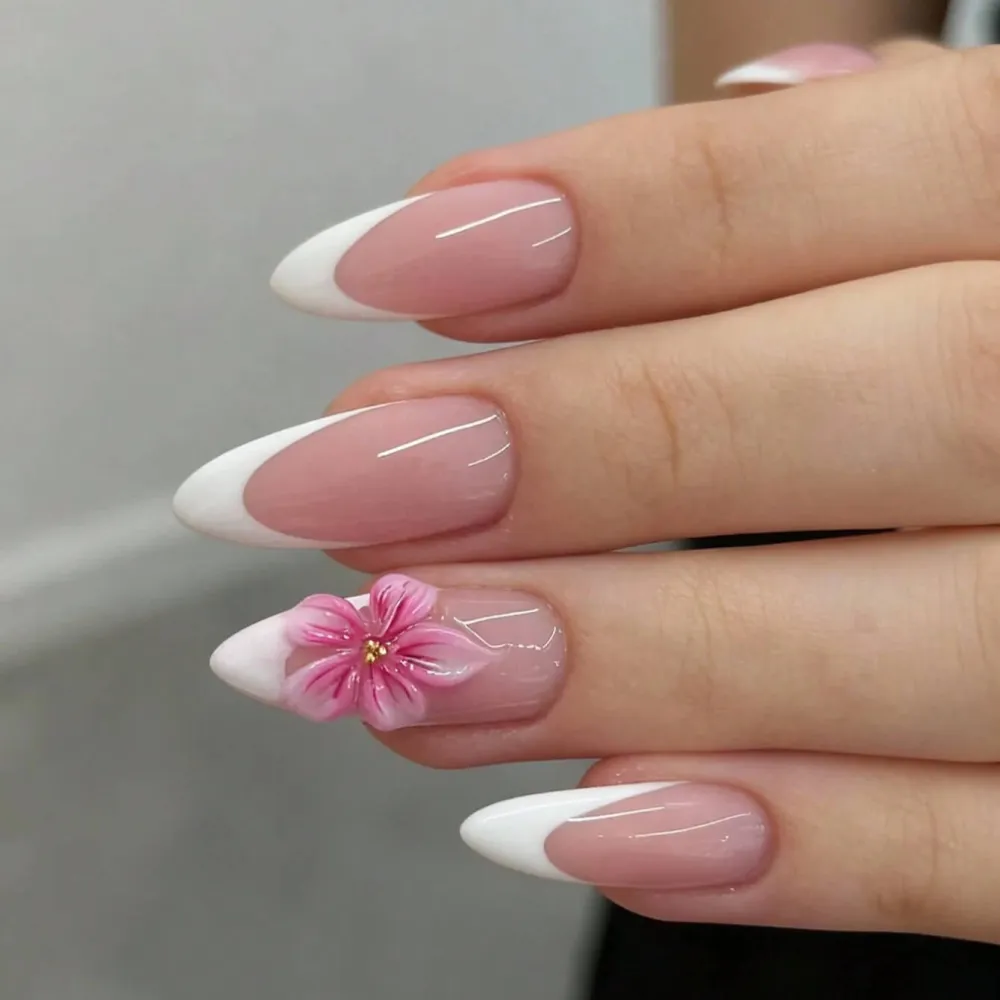 Nailhour 24Pcs French Long Almond 3D Floral Press On Nails