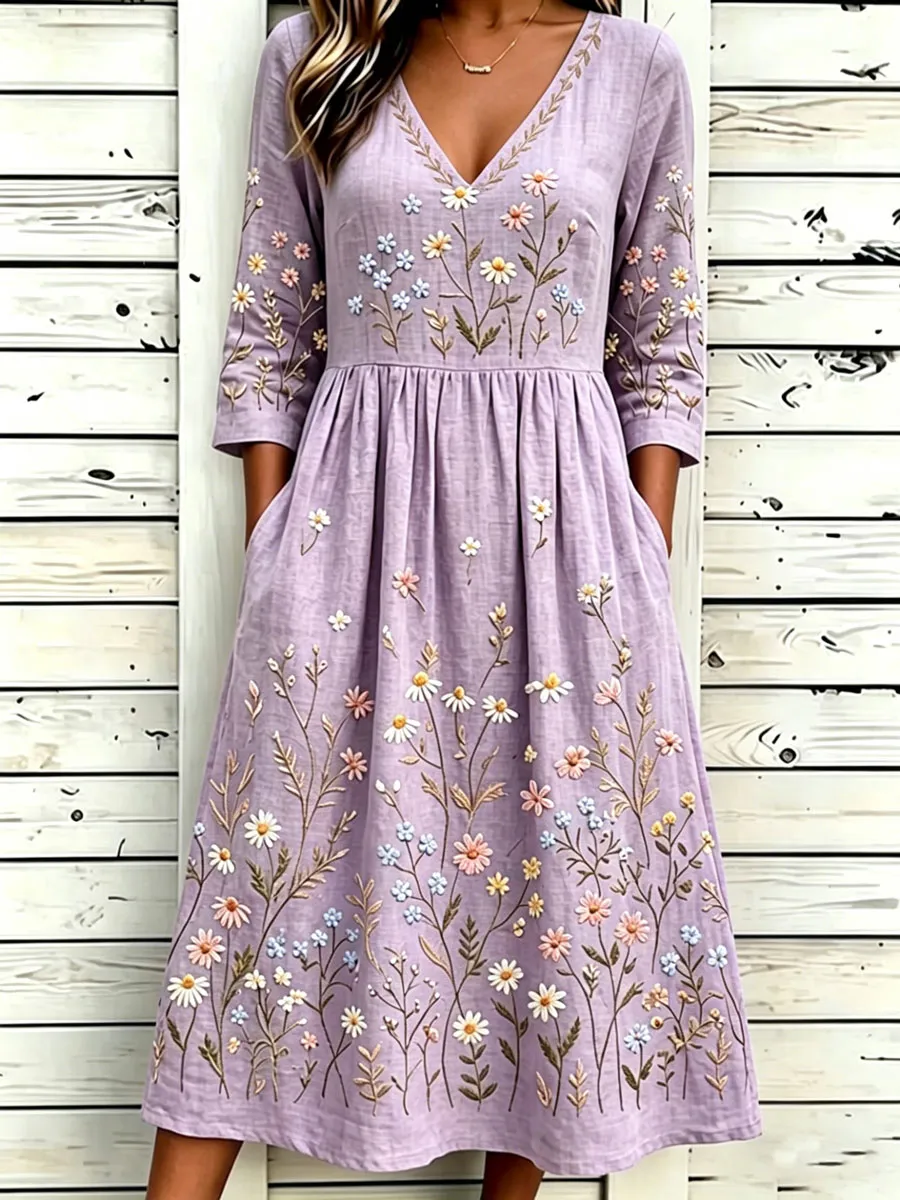 Women'S Cotton And Linen Casual Printed Dress