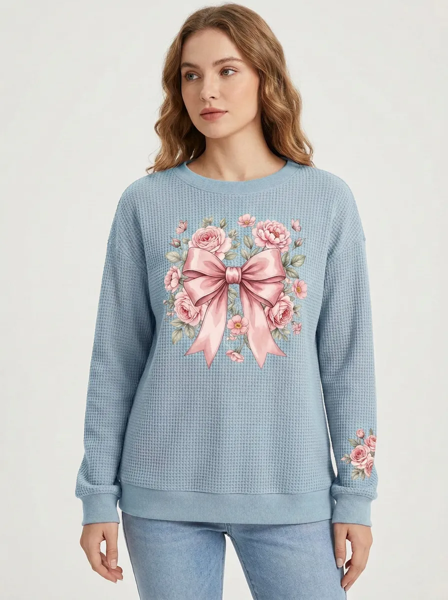 Women's Breast Cancer Awareness Pink Bow Floral Printed Waffle Sweatshirt