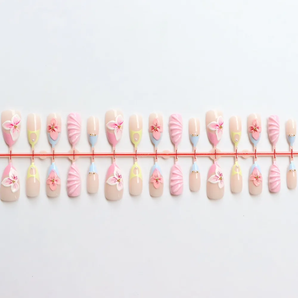 Nailhour 30Pcs Icy Translucent 3D Medium Almond French Press On Nails