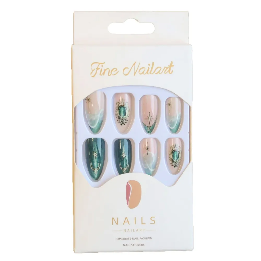Nailhour 24Pcs 3D Gilded Green Medium Almond Press On Nails