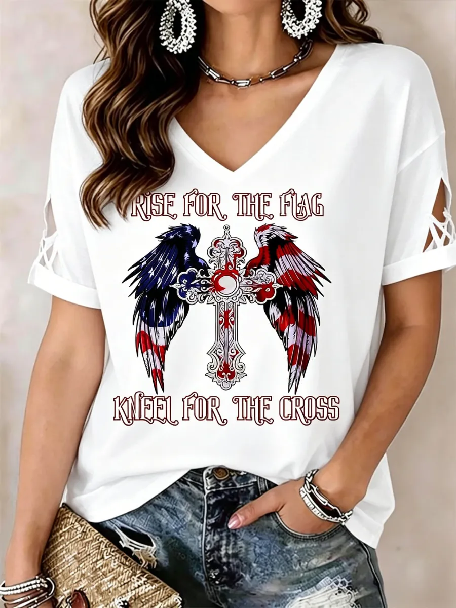 Women's America's 250th Anniversary Stand For The Flag Kneel For The Cross Faith Christian Cross Print T-Shirt