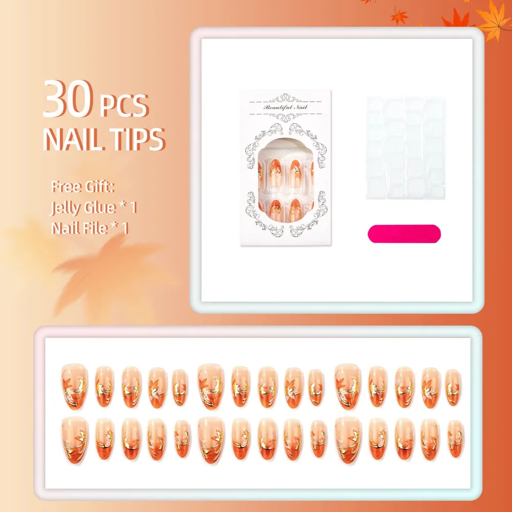 Nailhour 30Pcs Floral 3D Maple Leaf Medium Almond French Press On Nails