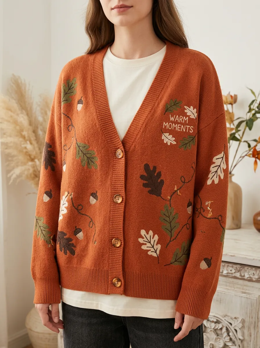 Acorn Oak Leaf Embroidered Women's Knit Cardigan