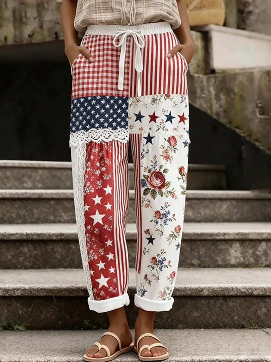 Women's Retro Pentagram Cotton Linen Printed Casual Pants